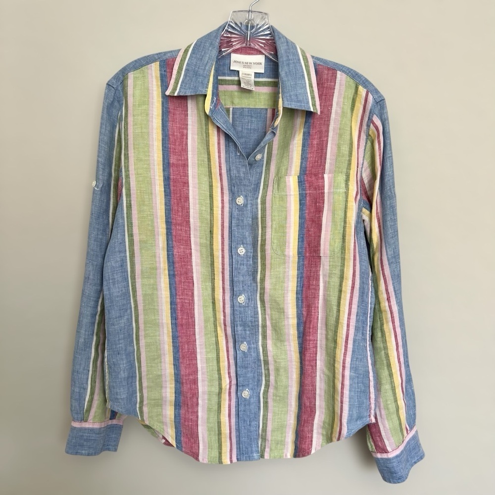 Jones New York Linen Striped Button Up Shirt Sz Petite XS Multicolor Long Sleeve